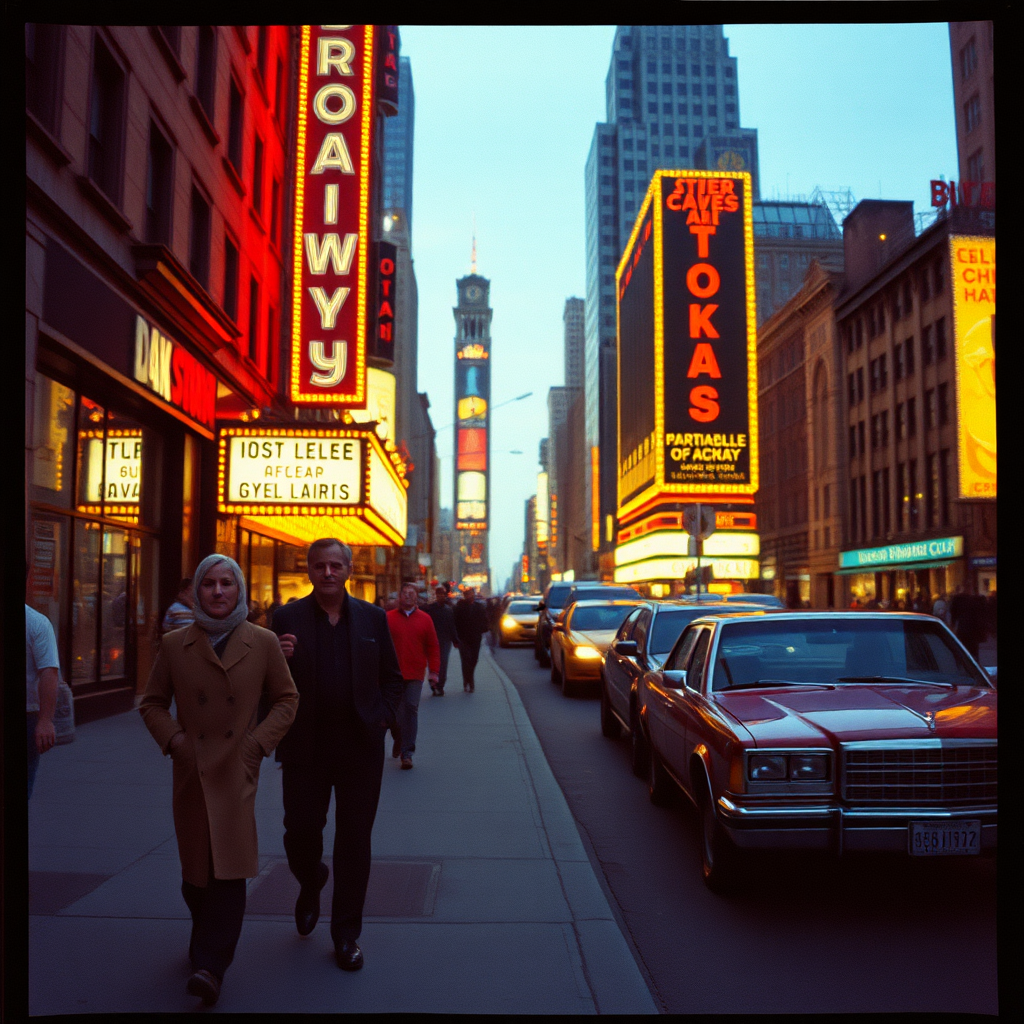 highly detailed Kodachrome color real photograph from 1974 of And the lamb lies down on Broadway  
On Broadway  
On Broadway (they say the lights are always bright on Broadway)  
On Broadway (they say there's always magic in the air)  
On Broadway  
On Broadway (they say the lights are always bright on Broadway)  
On Broadway (they say there's always-)  