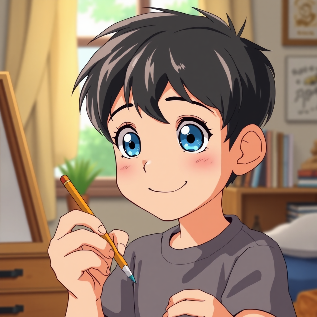 A 12 year old boy with short hair, big blue eyes. He is smiling. He is holding a pencil in his hand and he is about to draw a drawing in his room. Anime style studio ghibli.