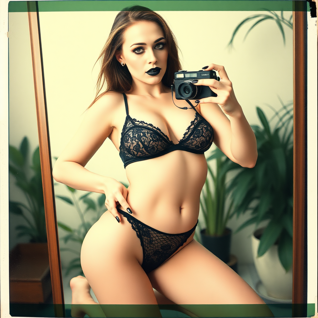 An old polaroid photo with a color tint to the photograph and visible light leaks. The photo depicts a the reflection of a sexy girl with pale skin taking a selfie with an old film camera. Her booty is plump. She is gothic and wears seductive makeup with long eyelashes and black lipstick. Her mascara is running as though she has been crying. She has large breasts with ample cleavage. She is wearing a skimpy thong that leaves a gap between her pubic area and thigh. The fabric of her thong is black lace. Her bra is translucent and mesh. She is in a photography studio with artistic lighting and plants are all around behind her. Her skin has a natural texture with visible pores and imperfections. Her nails are painted black. She is pulling her thong by the edge. She has a thigh gap. She is on her knees kneeling above a large mirror.