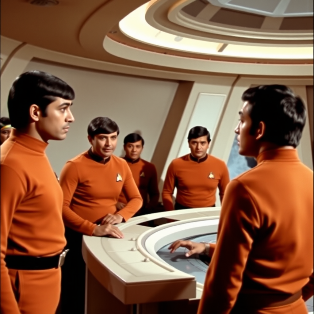 A still from an episode of a sci-fi television series from the sixties. The captain is on the bridge. Everyone is wearing starfleet uniform. Everyone is Indian, including the captain.