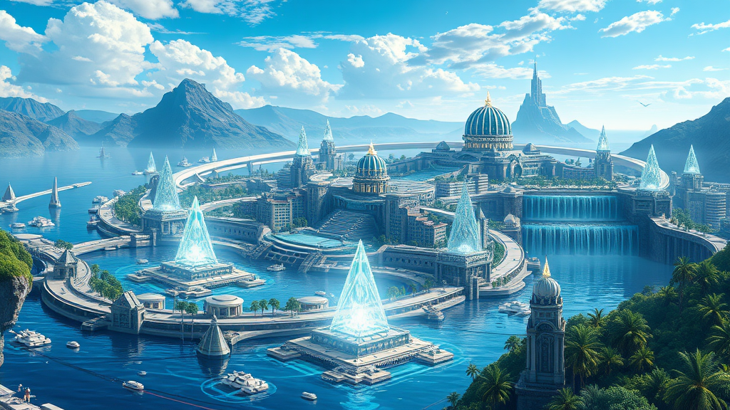 In this 8k resolution anime art piece, the grand city of Greater Atlantis is portrayed with breathtaking clarity and cinematic quality. The cityscape is a mesmerizing fusion of ancient Greek aesthetics and futuristic technology, creating a scene of unparalleled beauty and sophistication.

Cityscape:

Structures: The city features massive, blue-marble-colored buildings with uniquely shaped, elegant structures reminiscent of Greek architecture but with a high-tech twist. These buildings are adorned with intricate patterns and glowing accents, emphasizing their advanced nature.  
Ringed Structure: Encircling the entire city is a monumental ringed structure, its design both protective and majestic. The ring is adorned with luminous patterns, creating a halo of light that highlights the city's grandeur.  
Natural Features:

Waters: Expansive, shimmering waters surround the city, reflecting the intricate architecture and the vibrant sky above. The water is dotted with futuristic floating objects, their white technological designs adding a sleek, modern touch.  
Mountains: Towering mountains rise in the background, their peaks crowned with cascading waterfalls that flow gracefully into the city’s waters. The waterfalls glisten in the sunlight, adding a natural, serene element to the scene.  
Pyramids: Scattered throughout the city are pure quartz pyramids, each topped with a radiant crystal. These pyramids are illuminated, casting a mystical glow over the surroundings.  
Technological Elements:

Hovering Objects: White technological devices hover elegantly over the water, their designs sleek and advanced. These objects emit a soft, ethereal light, enhancing the futuristic atmosphere of the city.  
Tropical Lands:

Landscapes: The city’s environment includes lush tropical lands, with vibrant greenery and exotic plants that contrast beautifully with the technological marvels. The tropical vegetation adds a touch of natural beauty and warmth to the otherwise sleek, futuristic cityscape.  
Overall Aesthetic: The entire composition is bathed in a soft, cinematic light, enhancing the rich colors and intricate details. The scene captures the essence of Greater Atlantis, a city that seamlessly blends ancient grandeur with futuristic innovation, creating a stunning and immersive visual experience.