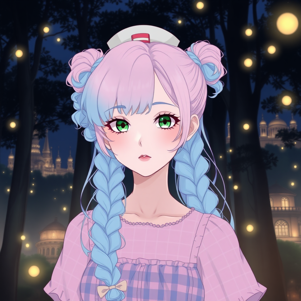 Create a anime, detailed image of a 25-year-old woman with very pale, almost translucent skin. His left eye is a bright green shade, his right eye is a shade of black. Her hair is voluminous and curly tied in two pigtails, but very long until just above her waist. The hair is divided in half with the right side being light pink and the left side being light blue. She has delicate features and her face is strong and cute at the same time. She wears a pink and blue checkered dress. It's in the middle of a dark forest, lit by fireflies that glow softly. In the background, a city with fantastic architecture, giving a magical touch to the scene. The image must be extremely anime, capturing every detail with precision and 8k quality. It looks like a photograph. "Extremely anime. 25 years old. She wears a small white top hat on her head. Beautiful. Beautiful. Extremely anime. Beautiful appearance.