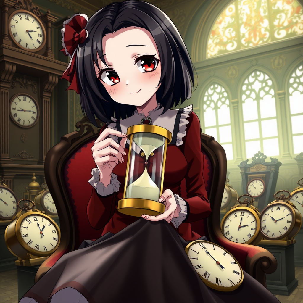 An anime girl with black hair and red eyes is carrying an hourglass.  
She has a smile like a villain and pale skin like a vampire.  
The girl is sitting on a chair in a noble mansion.  
Inside the room, there are many other clocks surrounding her.