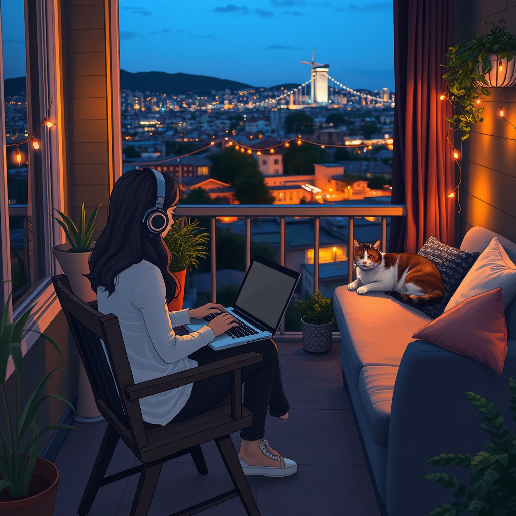 “A girl is wearing headphones and working on her laptop on a desk, sitting on a wooden chair on a cozy balcony at night. Next to her, a cat is resting peacefully on the balcony window. The balcony is decorated with plants, lights and a sofa with pillows, creating a calm and inviting atmosphere. The rural city skyline in the background adds a touch of city life to this tranquil setting.”