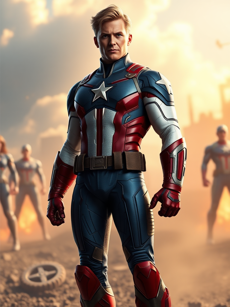 Create a hyper-realistic full-length render of Steve Rogers featuring the body type of Power Girl. Maintain the original head while modifying the silhouette to reflect Power Girl's physique. Position the character in a background that harmoniously blends elements relevant to both characters, capturing their heroic essence. Focus on details such as costume textures, lighting, and shadows to enhance realism, ensuring the final image showcases both strength and personality.