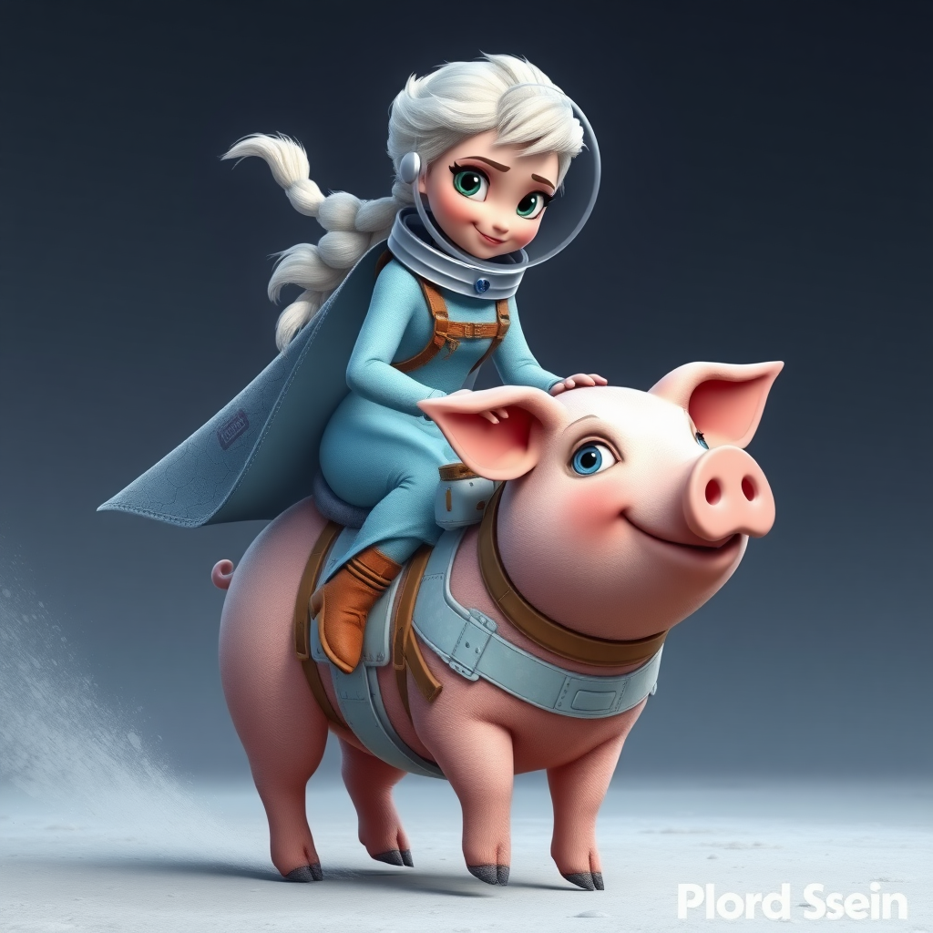 Elsa (frozen) is riding a pig in the astronaut suit.