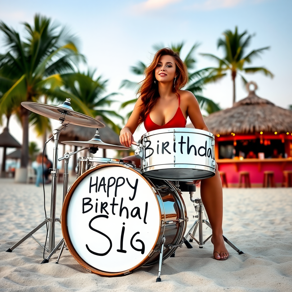 Lady sitting on drumset on beach with palms and bar, white bass drum spelling the words "Happy Birthday Sigi"