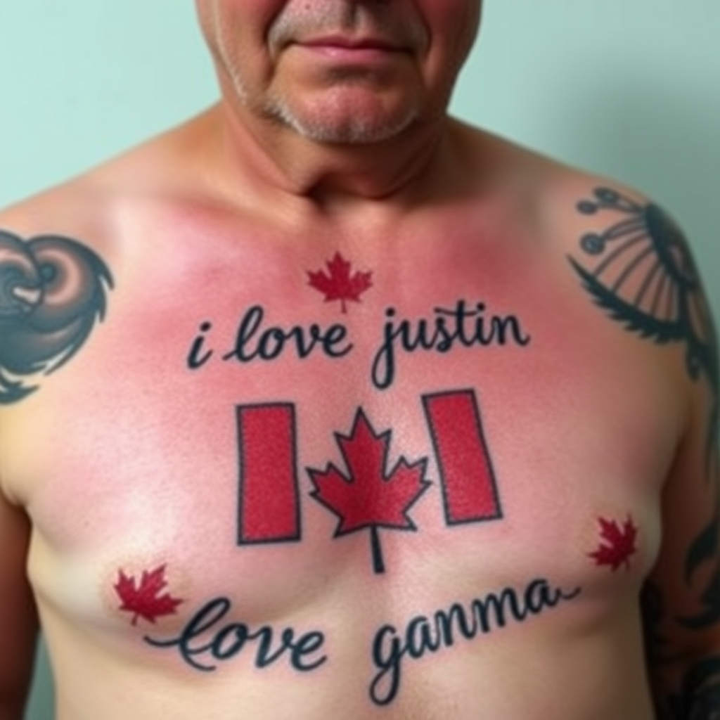 A 55-year-old man gets tattooed on his chest "i love justin" above a tattoo of the Canadian flag and several tattoos on his body including "i love canada." His face is visible.