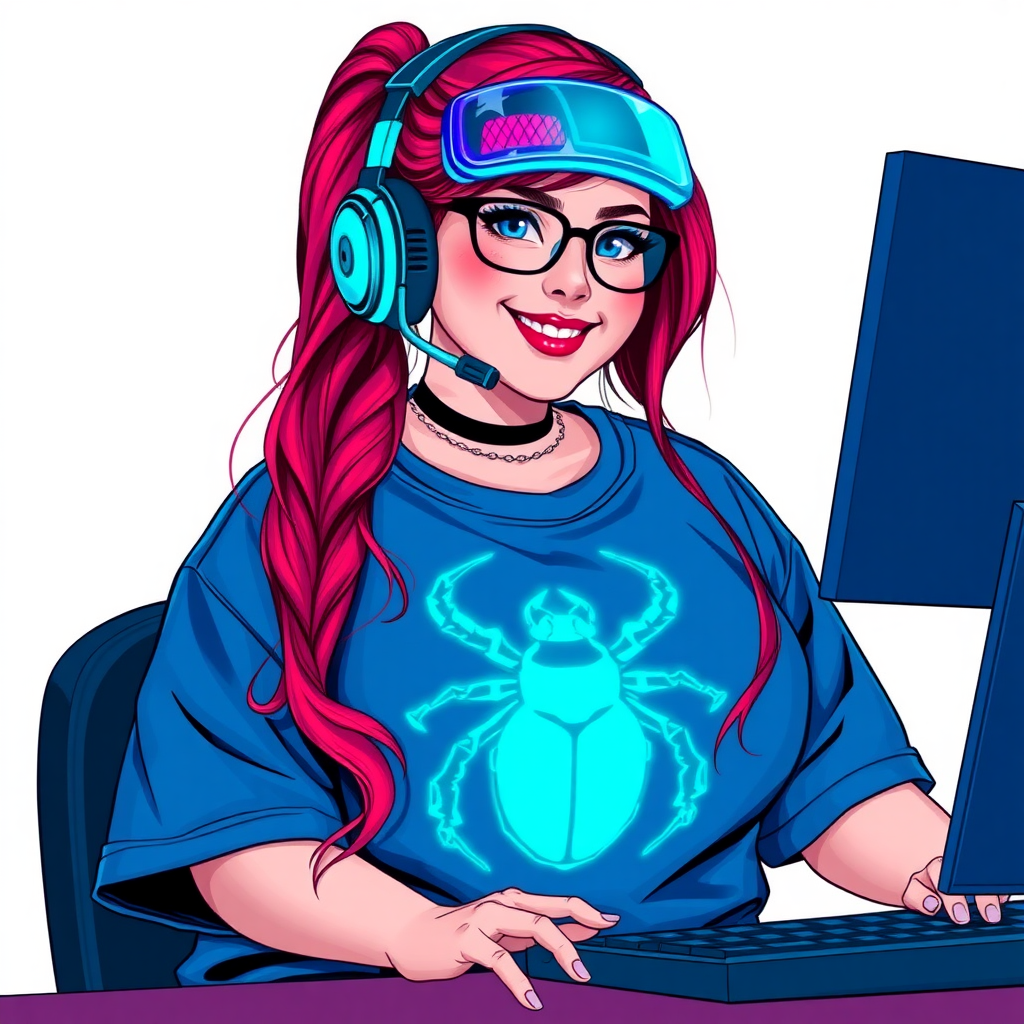 A cyberpunk vigilante’s full-figured intelligent and tech-savvy 29-year-old girlfriend, who is a computer hacker and tech genius. She has a long ruby red ponytail and bright blue eyes. She wears a sapphire beetle gemstone necklace, and an oversized maximum blue t-shirt featuring a giant neon blue glowing icon of a beetle on its chest. She has a full-figured physique with a prominently, gargantuan, well-rounded midsection, reflecting her well-cared-for lifestyle. She sports a sapphire headset with hi-tech maximum turquoise lensed HUD visor, black eyeglasses, and a beaming smile with a passionate bright red blush. Despite her figure and a lack of self-esteem, she radiates an air of beauty. She has a slim face which contributes to her radiant beauty. She serves as his tech expert from his hideout, diligently working at her lab table and computer desk. The background is solid white. She is drawn as if she was in a retro 2D cyberpunk fighting game.