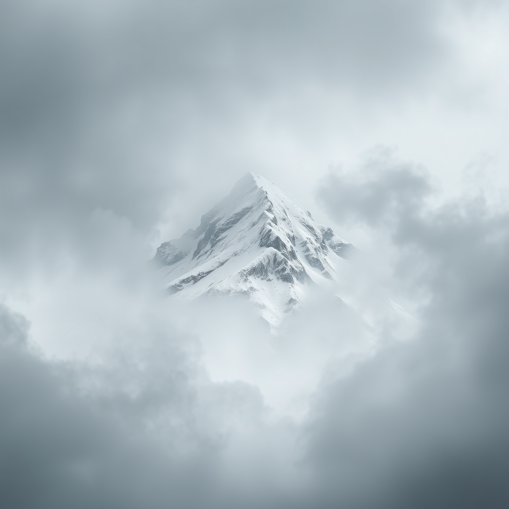 In a murky atmosphere, a snow-covered mountain emerges from thick, swirling clouds. The peak displays a jagged and dramatic silhouette against an eternal backdrop, revealing a muted palette of grays and whites. While the fog obscures the lower altitudes, soft shadows emphasize the rugged terrain, giving a sense of mystery and depth. This scene embodies hyper-realistic aesthetics, capturing the stark beauty and solitude of a winter's remote mountain range, evoking awe and serenity.