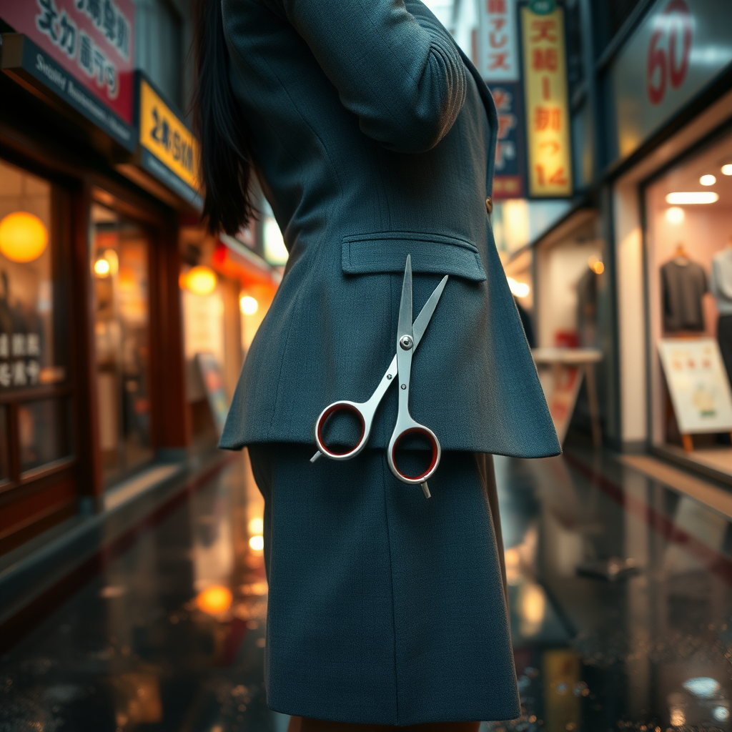 Camera focuses on the lower portion of a young Japanese businesswoman who wears a grey blazer and grey skirt. She holds a pair of scissors at her side, the blades pointed to the ground. The scissors gleam from the lights of the shops in the surrounding alleyway. The lights of the shops are reflected in the rain puddles of the alleyway.