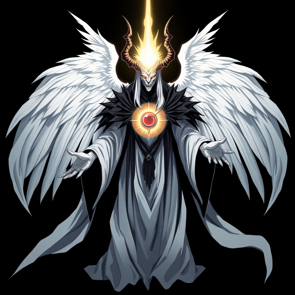 (Anime-styled art) Black background, This is Yaldabaoth, the Demiurge—an ancient, fearsome being shrouded in an eerie, otherworldly presence. His tall, ethereal form is draped in flowing white and black robes that ripple like shadows against the dark backdrop. His face is engulfed in a brilliant, unnatural light, pure and unsettling, with a single glowing eye symbol burning at its center. From his head, four jagged horns protrude, adding to his terrifying, angelic majesty. Behind him, four massive angelic wings unfurl, radiating both divine and terrifying power. His outstretched hands seem to command the very air around him, an embodiment of both celestial grace and cosmic horror, as he drifts in the endless void—an anime-styled vision of fear and awe.