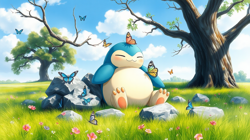 A Dutch watercolor painting depicts a serene and relaxing scene set in a lush meadow under a bright blue sky with scattered white clouds. The central figure is Snorlax, a large, blue and white Pokémon character with a round body, closed eyes, and a content expression, sitting comfortably among rocks in a vibrant green grassy field. Snorlax's body is curved, and it rests its head on one of the gray rocks, with sunlight creating shadows on its rounded belly. Its arms and legs are spread out, with lighter beige fur visible on its paws. The meadow is scattered with small, colorful flowers in shades of pink, purple, and blue, creating a tapestry of colors across the landscape. Several butterflies of various sizes and colors, including blue, yellow, pink, and light green, are seen fluttering around Snorlax and resting on the rocks and grass. One butterfly is perched on Snorlax's head, while another is on its belly. The background features two large trees with thick, dark brown trunks and branches extending overhead, their leaves depicted in various shades of forest green, creating a canopy of shade. The sky above is clear and light blue, with soft, white clouds. The scene is brightly lit by natural sunlight, casting soft shadows and highlighting the vibrant colors of the landscape. The overall mood is peaceful and idyllic, enhanced by the high contrast, saturation, luminance, and the balanced exposure of the image. The composition follows the rule of thirds, with Snorlax placed slightly off-center to the left, creating a harmonious and visually appealing image that captures the essence of a tranquil moment in nature.