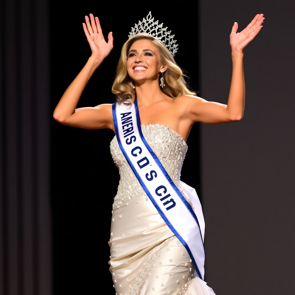 Miss America arms up her strapless gown is disintegrating