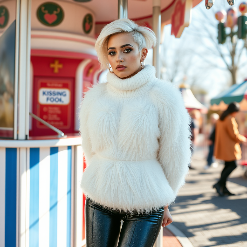 Amusement park “kissing booth”, sunny spring Sunday morning. Sam, 19 years old beautiful involuntary femboy, rebellious intractable character, petite boyish figure, platinum blond boyish rebel punk hairstyle, flawless heavily made-up face with sharp arched tattooed eyebrows, wearing Supertanya-style fluffy very fuzzy bright white angora thigh-length turtleneck-poncho fully covering body and arms, silver-glitter leggings, black leather high-heeled pumps, silver earrings, both hands tied to pole behind back, standing inside kissing booth, waiting for next customer to kiss. Focus on Sam’s face and turtleneck-poncho.