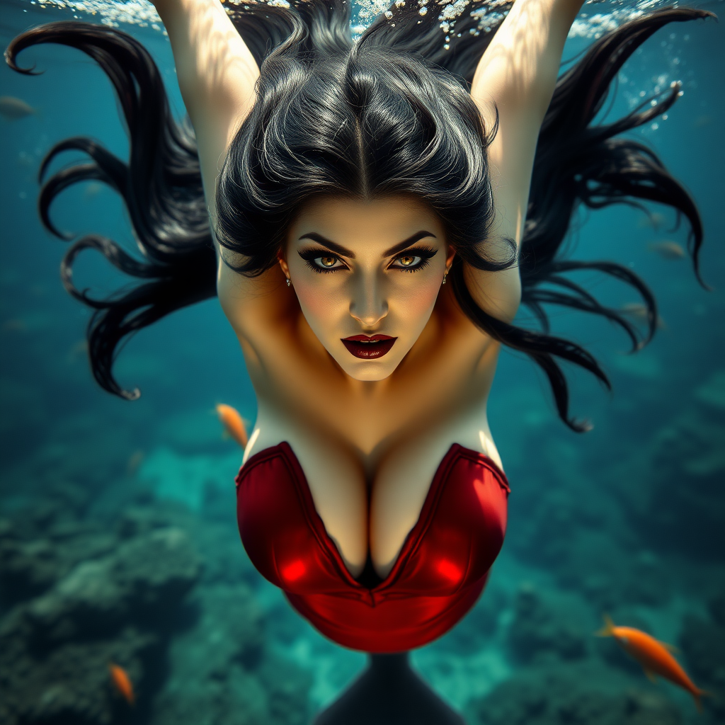 Vampirella as a mermaid, her huge teardrop shaped décolletage spilling out of her bodice as she swims underwater directly towards the viewer. She maintains intense eye contact. Her long hair floats like a nimbus cloud. Her arms are raised high, floating over her head. She is deep under the sea surrounded by aquatic life. It is a highly detailed DSLR Photograph.