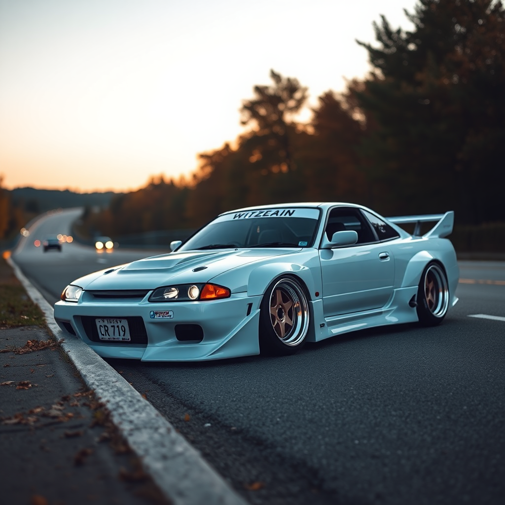 concept tuner nissan silvia s14 the car is parked on the side of the road, inspired by Taiyō Matsumoto, tumblr, restomod, nd4, c4