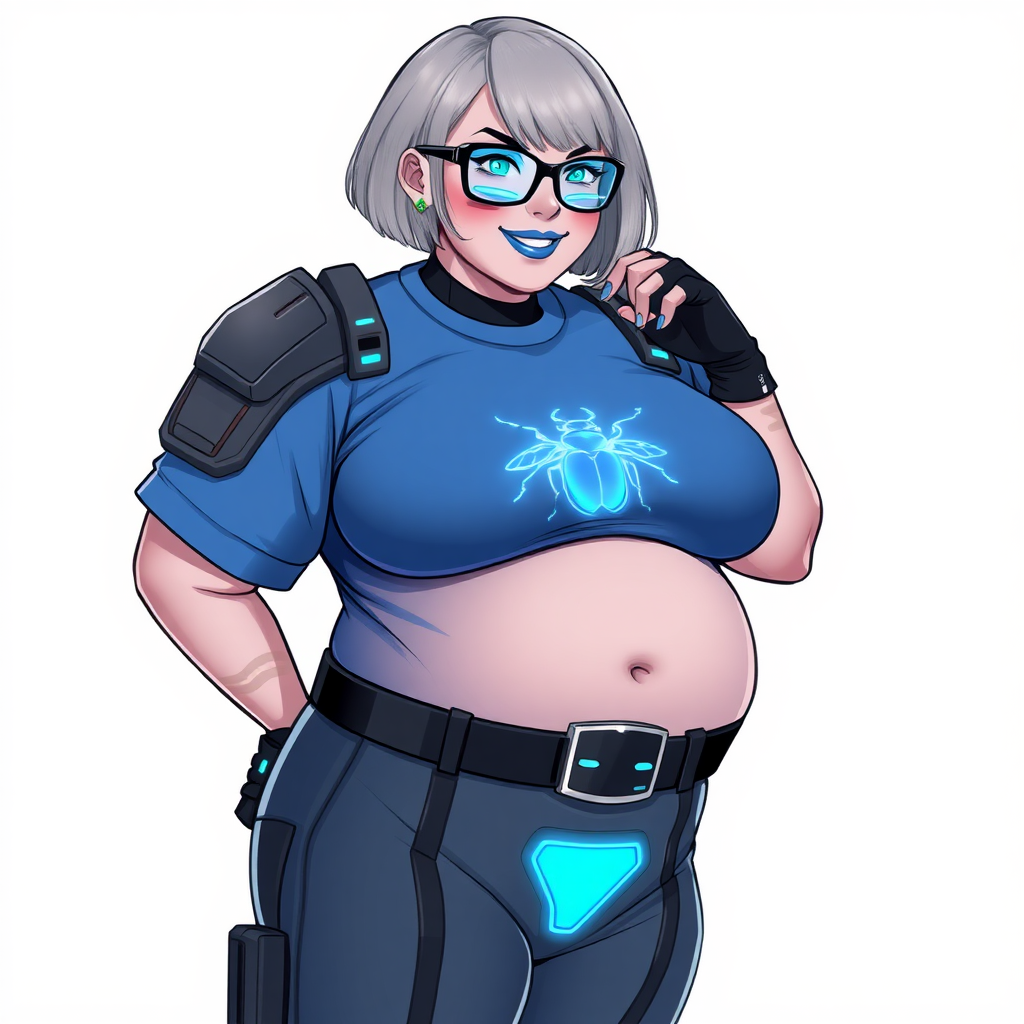 A 28-year-old, full-figured, metallic light neutral gray (N7) skinned computer program hybrid with a maximum blue bob cut. She has a non-athletic build, highlighted by a prominent, round, large midsection (with full emphasis on her large belly), which shows the effects of her love of junk food acquired from her boyfriend. As the full-figured, nerdy, digital sidekick to her cyberpunk vigilante boyfriend, her metallic light neutral gray skin and maximum blue lipstick (5PB 5/12) emphasize her digital nature. Her skin has a subtle, animated glow, with digital patterns occasionally flickering across it, making her digital nature obvious. She wears a digital, computerized costume, consisting of a huge, tight-fitting, maximum blue t-shirt (5PB 5/12) with a neon blue glowing chest icon of a beetle, hi-tech shoulder pads with neon blue accents, a black hi-tech belt with a digital neon blue glowing buckle, digital maximum blue biker pants (5PB 5/12) with neon blue accents, and black hi-tech fingerless biker gloves with neon blue glowing accents. Her neon blue glowing eyes, black eyeglasses with neon blue glowing lenses equipped with a built-in HUD, and bashful smile with neon red blush accentuate her nerdiness. She stands bashfully with one hand behind her back and the other hand gently touching her cheek, her costume covering all her skin and fully emphasizing her full-figured physique (especially her large belly). She is clearly non-athletic, with a full focus on her full-figured physique. Despite her build, she radiates beauty. She has a slim face compared to her physique, accentuating her radiant beauty. She is on a solid white background. She is drawn as if she were in a retro 2D cyberpunk fighting game.