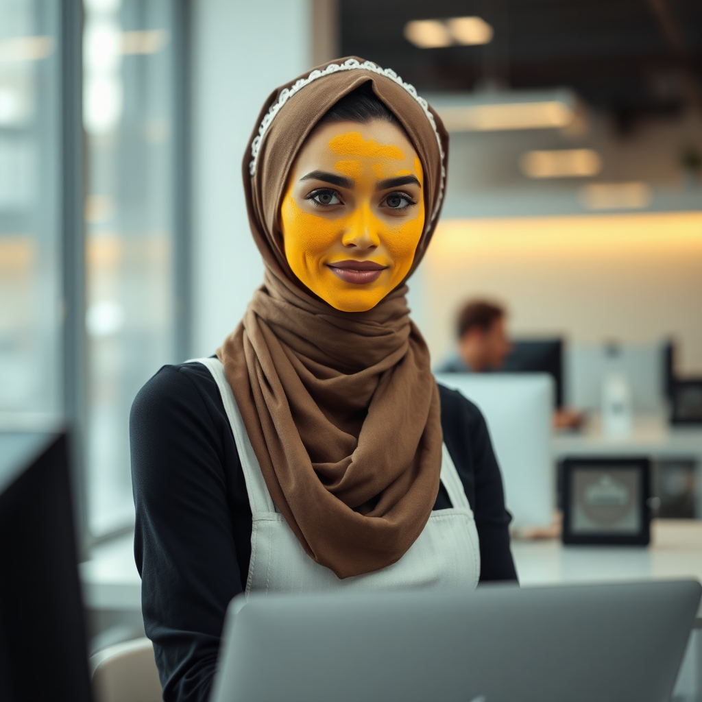 slim, modern, french maid, long scarf head, turmeric paste on face, working in office