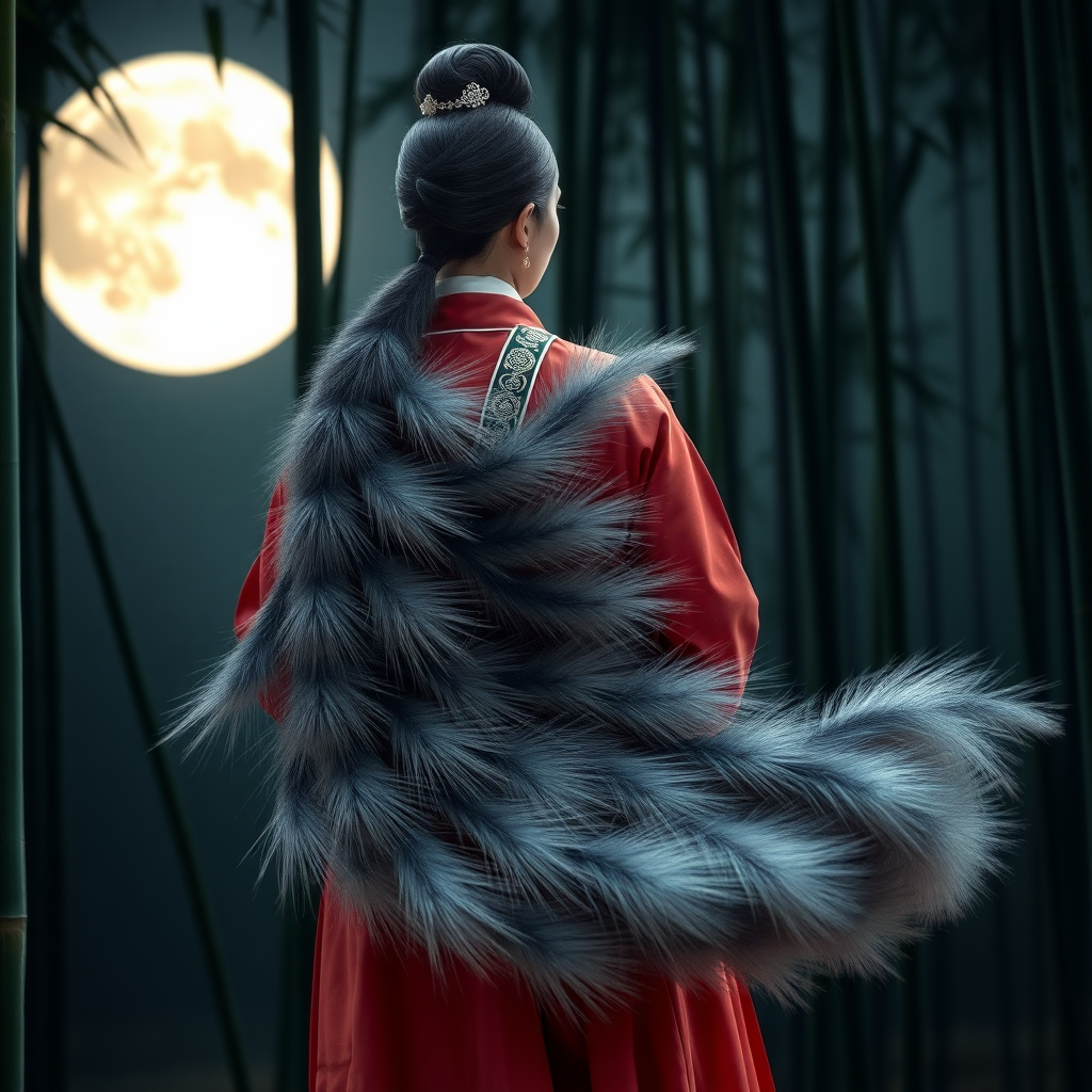 A Korean Woman in an ancient Hanbok with nine one meter long silver bushy foxtails that comes from her middle ass, in front of the full moon in a bamboo forest