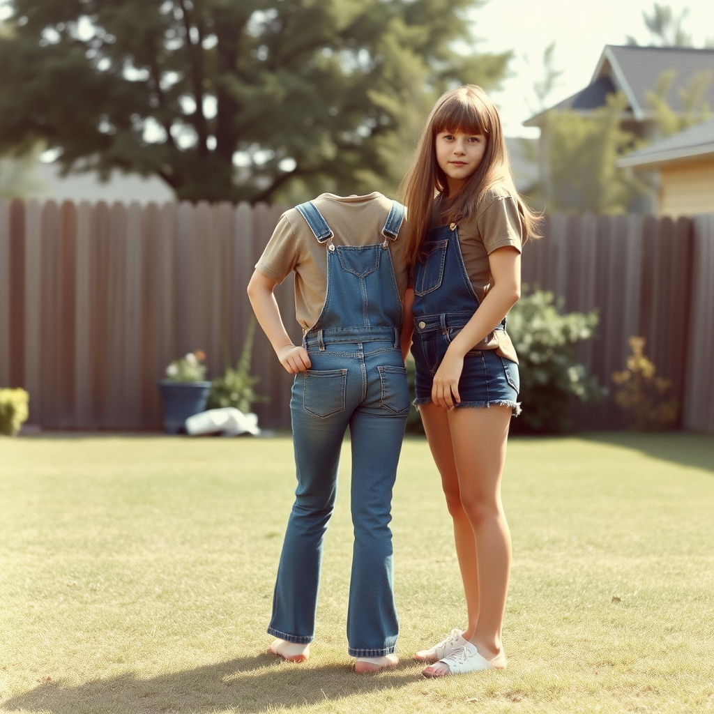 two tall 14yo teen boys, long hair bob cut, wearing shirts and very tight booty shorts or denim tight booty Shortall, long legs, narrow thighs, full-length front view. 1970s. Playing at backyard. photorealistic, ultra high resolution, 16K, Negative: grainy, blurry, bad anatomy, extra limbs, watermark.