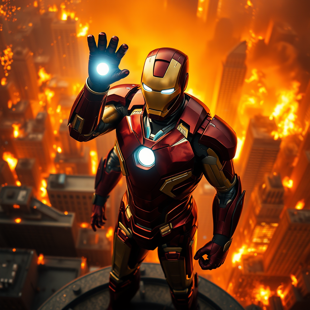 An electrifying, high-contrast shot of tonystark standing resolutely, Iron Man suit glistening, glowes ablaze, helmet raised, amidst a cityscape engulfed in flames, camera angle: sweeping bird's eye view from above, with intense warmth and sharp shadows to emphasize his heroic stance.