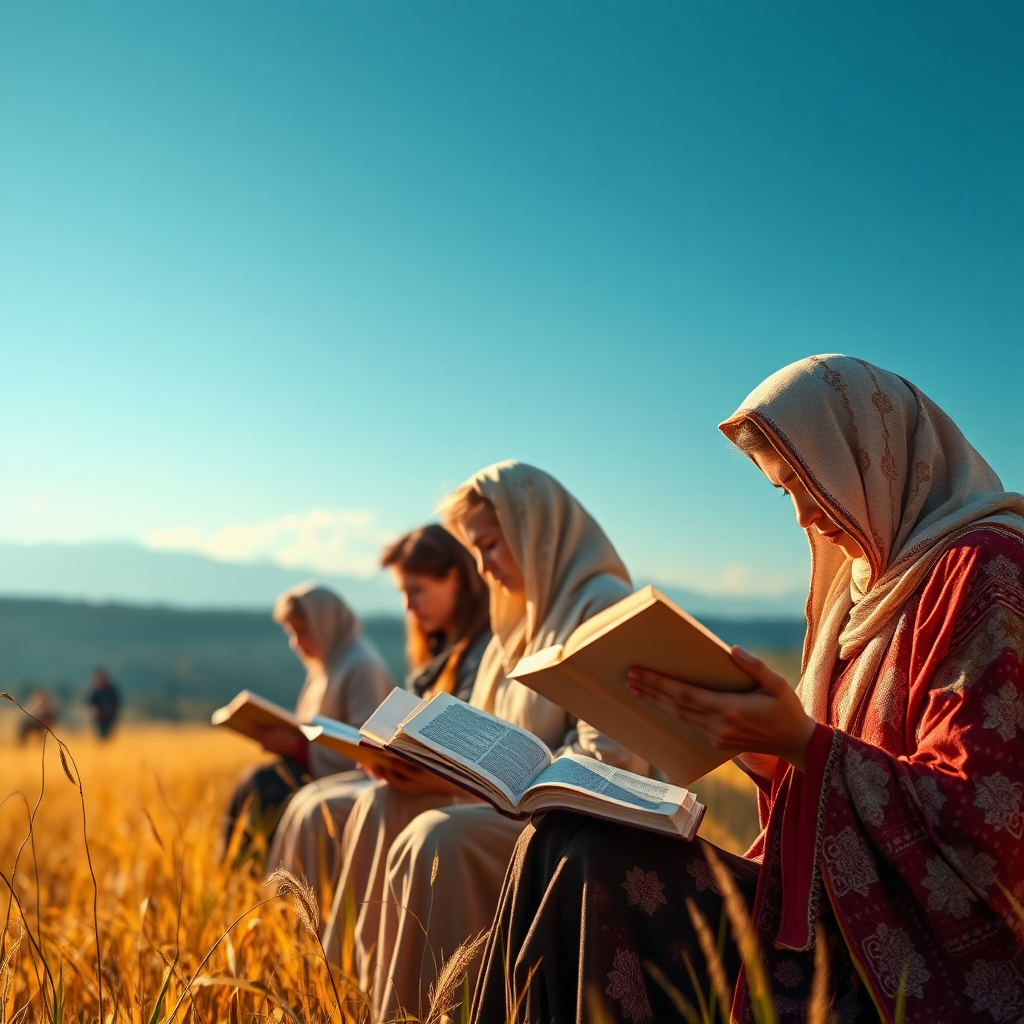 A banner with an image of several women reading their Bibles in an outdoor field, digital art style, ultra detailed, cinematic lights, high quality, 8K