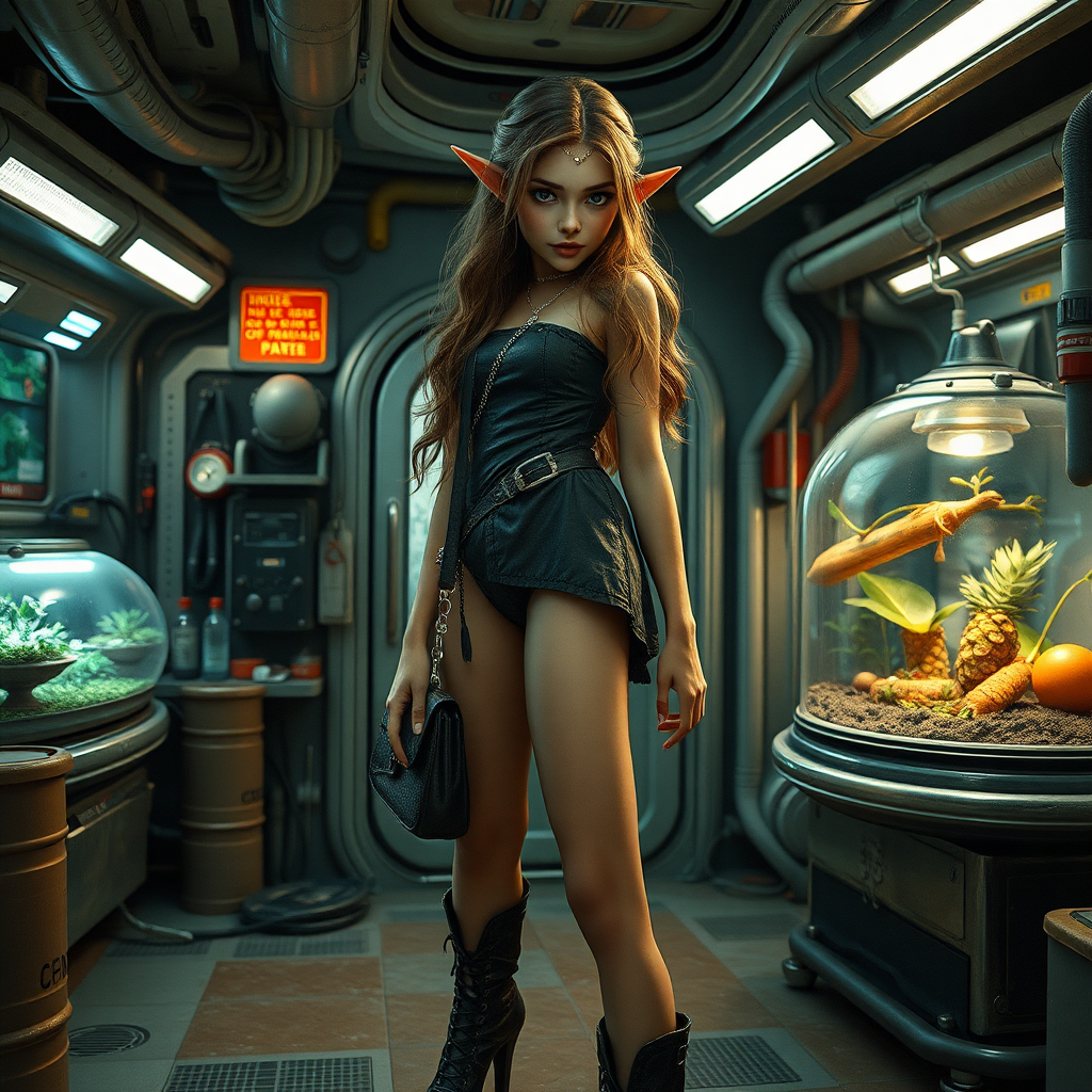 A full body shot of a pretty twenty-something elf girl with a face resembling (ana de armas). cyberpunk 2077, space station, food terrarium, high heel ankle boots, collar, purse and jewelry. Hyper-realistic, Photorealistic digital matte painting, soft focus, film grain, lens flare. gritty, dirty, scuffed.