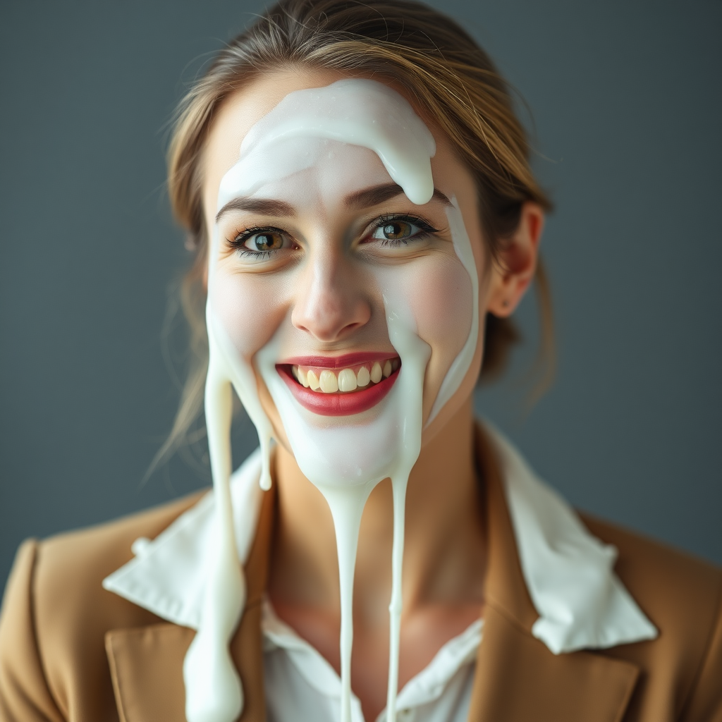 mature attractive business woman with white almost translucent slime dripping down her face, she looks happy and smiling