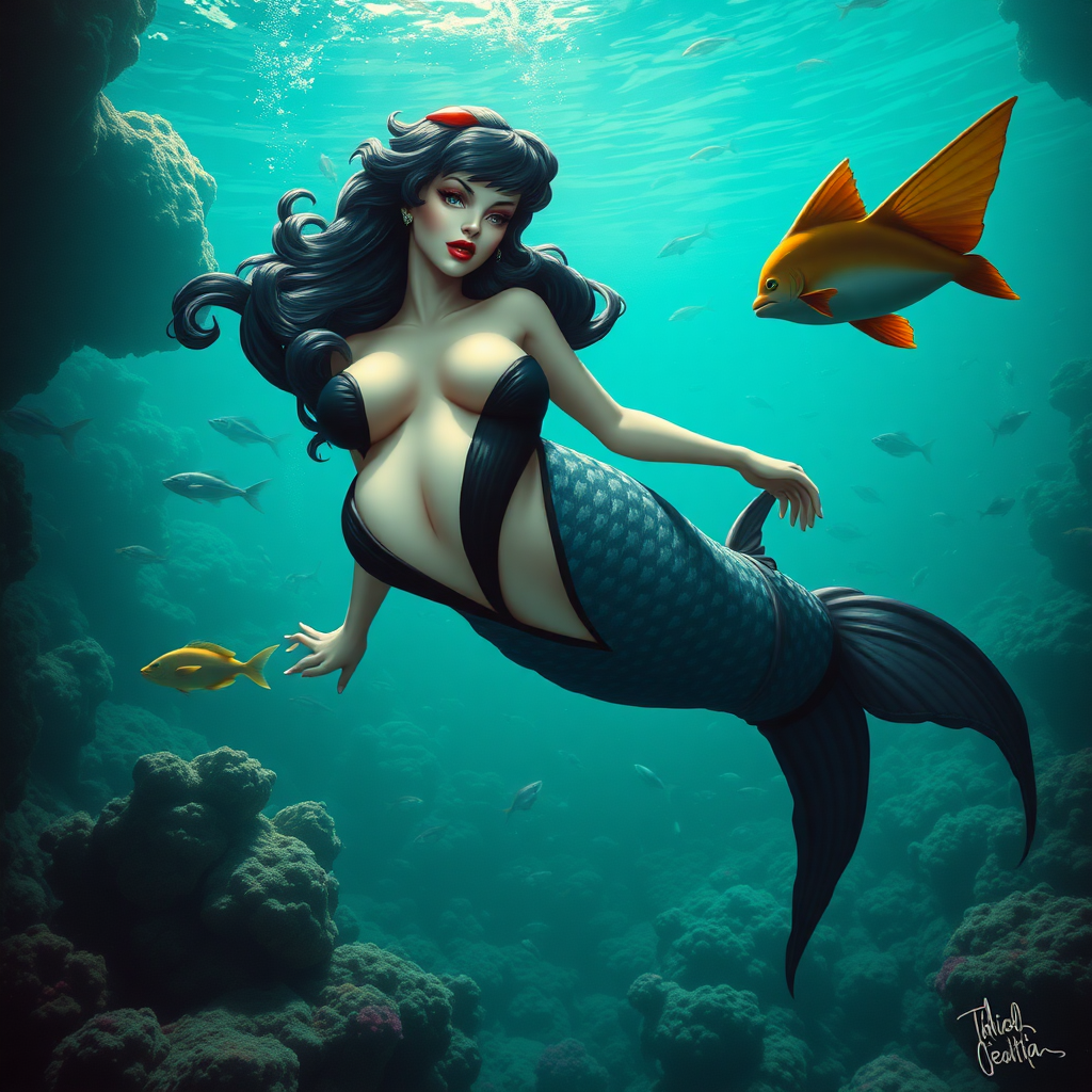 Vampirella as a mermaid, her huge teardrop shaped chest spilling out of her bodice as she floats serenely underwater in a paradise filled with sea life. DSLR Photo.