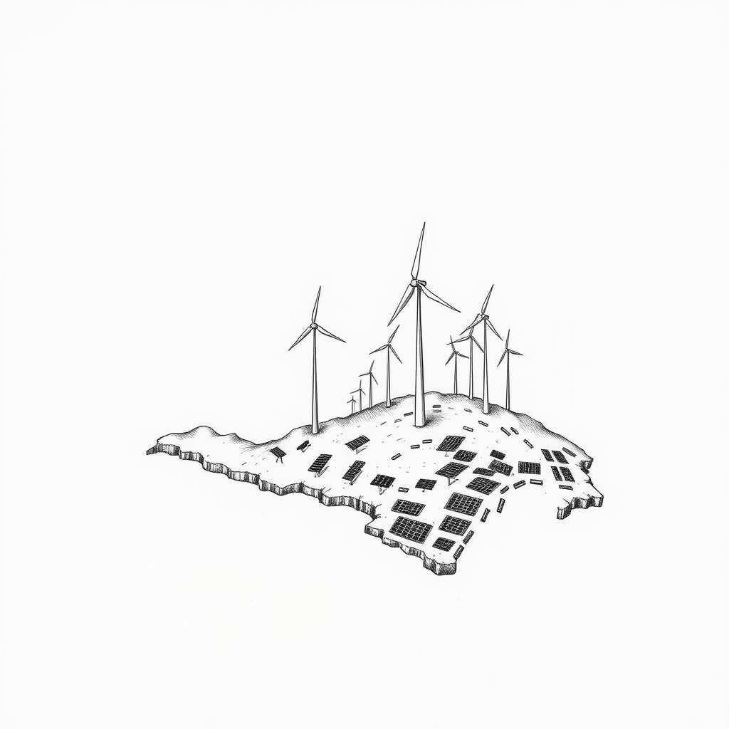 Create a drawing of Sardinia, showing it being overwhelmed by enormous wind turbines and photovoltaic panels. The style is a minimalist drawing with only black ink.