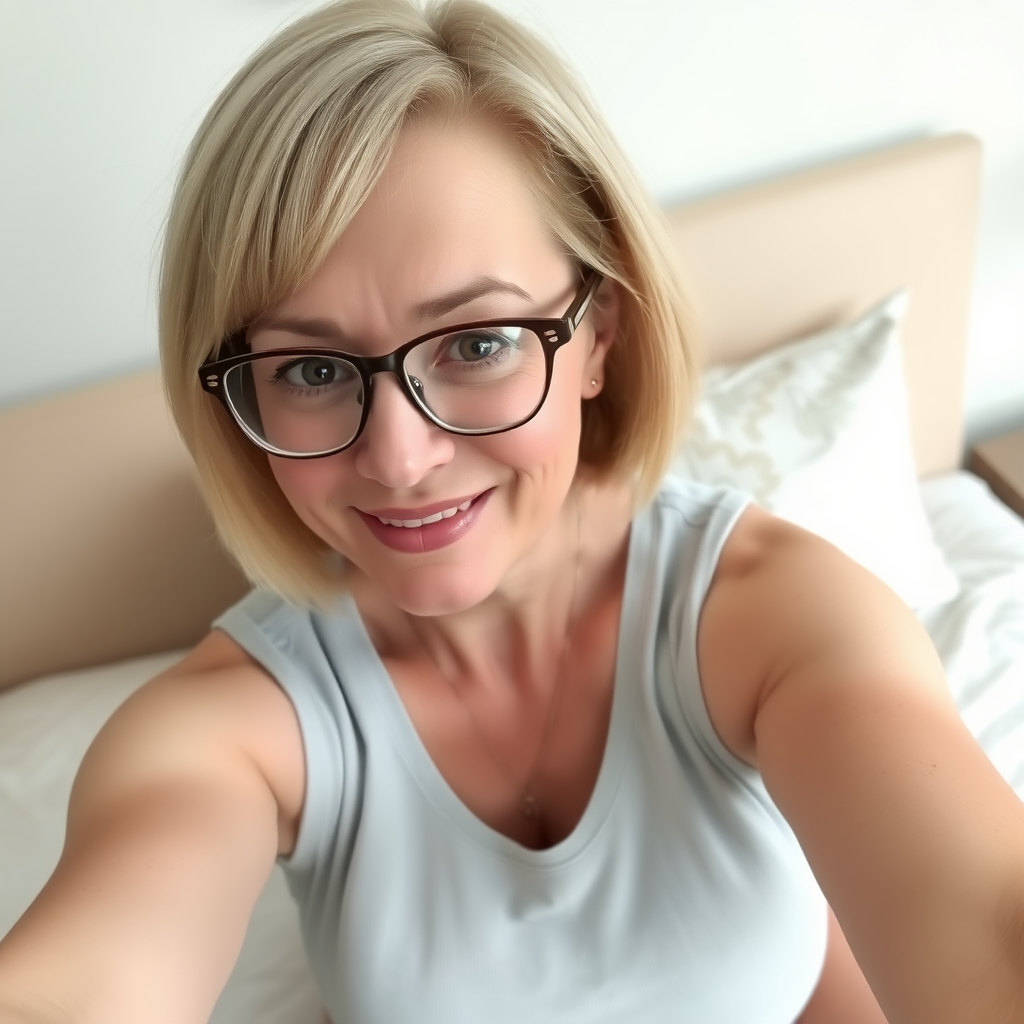 Woman, One, 40 Years old, British, Pale skin, White skin, Large chest, Thick thighs, Busty thighs, Long droopy jaw, Sharp nose, Horny face, Happy face, Open mouth, Blonde hair, Short hair, Straight hair, Brown eye color, thin Glasses, Cotton shorts, Sleeveless t-shirt, necklace, Bed, Motherly, seductive selfie