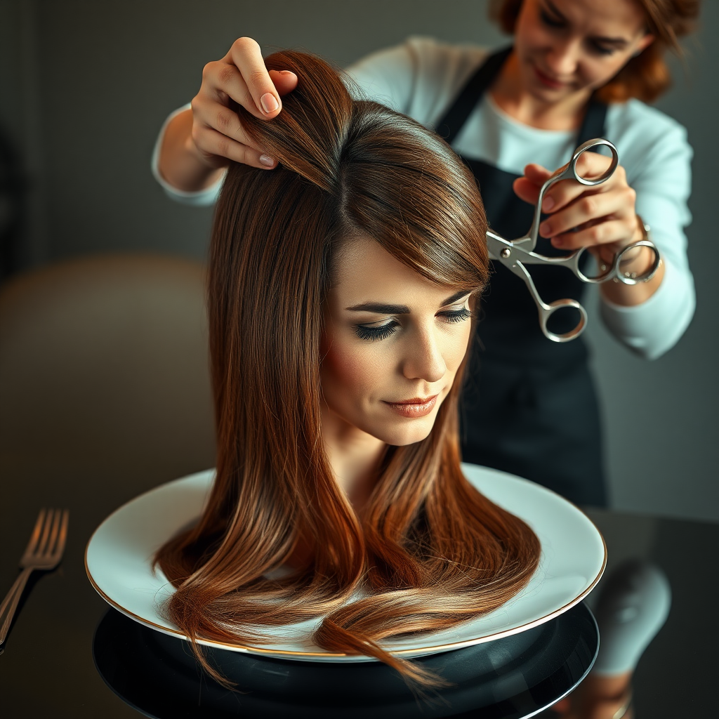 In a bizarre, surreal tableau, the polished surface of an elegant dining plate cradles the disembodied head of a strikingly beautiful Kate Middleton, her long, flowing hair cascading like a glossy waterfall of deep chestnut and honey highlights. The hair is luxuriously arranged, strands shimmering under the soft, ambient light that bathes the scene in an ethereal glow.

A skilled hairdresser, clad in a sleek black apron, stands poised with a pair of gleaming scissors, carefully trimming the endlessly luxurious locks that frame Kate's serene, almost ethereal features. The air is thick with the scent of salon products mingling with delicate hints of floral fragrances, creating an unusual yet strangely inviting atmosphere. The hairdresser's focused expression reveals a meticulous dedication as snippets of hair fall gracefully onto the pristine plate, echoing a sense of both artistry and absurdity.

The overall emotional tone conveys a dreamlike quality, inviting viewers to ponder the juxtaposition of beauty, identity, and the bizarre circumstances that bind them in this extraordinary moment.