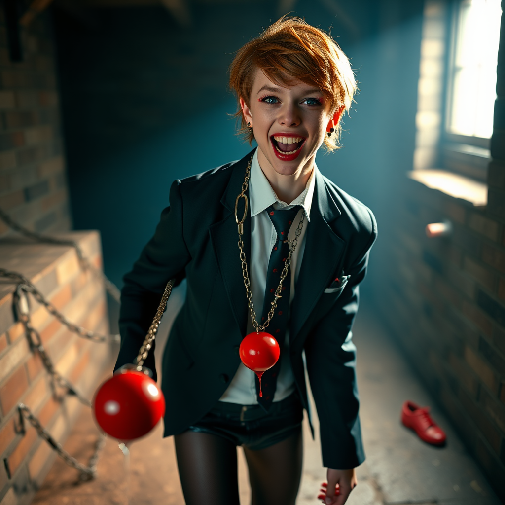 photorealistic, ultra high resolution, 16K, surreal fantasy, soft studio lighting, Tyler Swift is a pretty 18 year old goth male vampire, slim male physique, auburn hair, , goth makeup, earrings, shiny black pantyhose, school uniform shirt tie and blazer, Mary-Jane shoes, spikey neck collar chain and leash, red ball-gag, in a dungeon, the end of the leash is chained to the wall, in daylight, excited open mouth smile, drooling a stream of saliva, facing the camera.