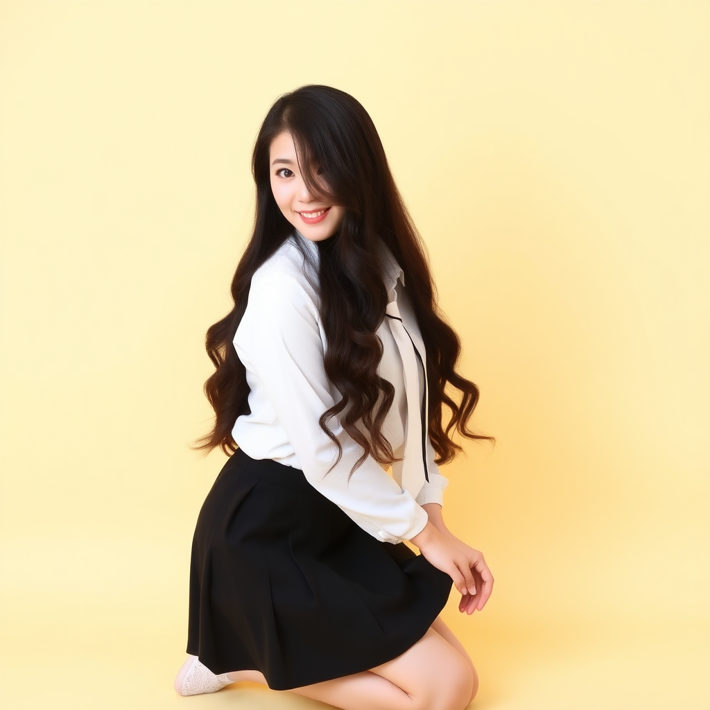 Asian portrait. A young woman, possibly in her early twenties, with long, wavy black hair and fair skin, is kneeling in front of a light yellow background. She has lovely eyes and is looking towards the camera. She is wearing a white shirt with a tie, a black mini skirt, white lace stockings and no shoes.