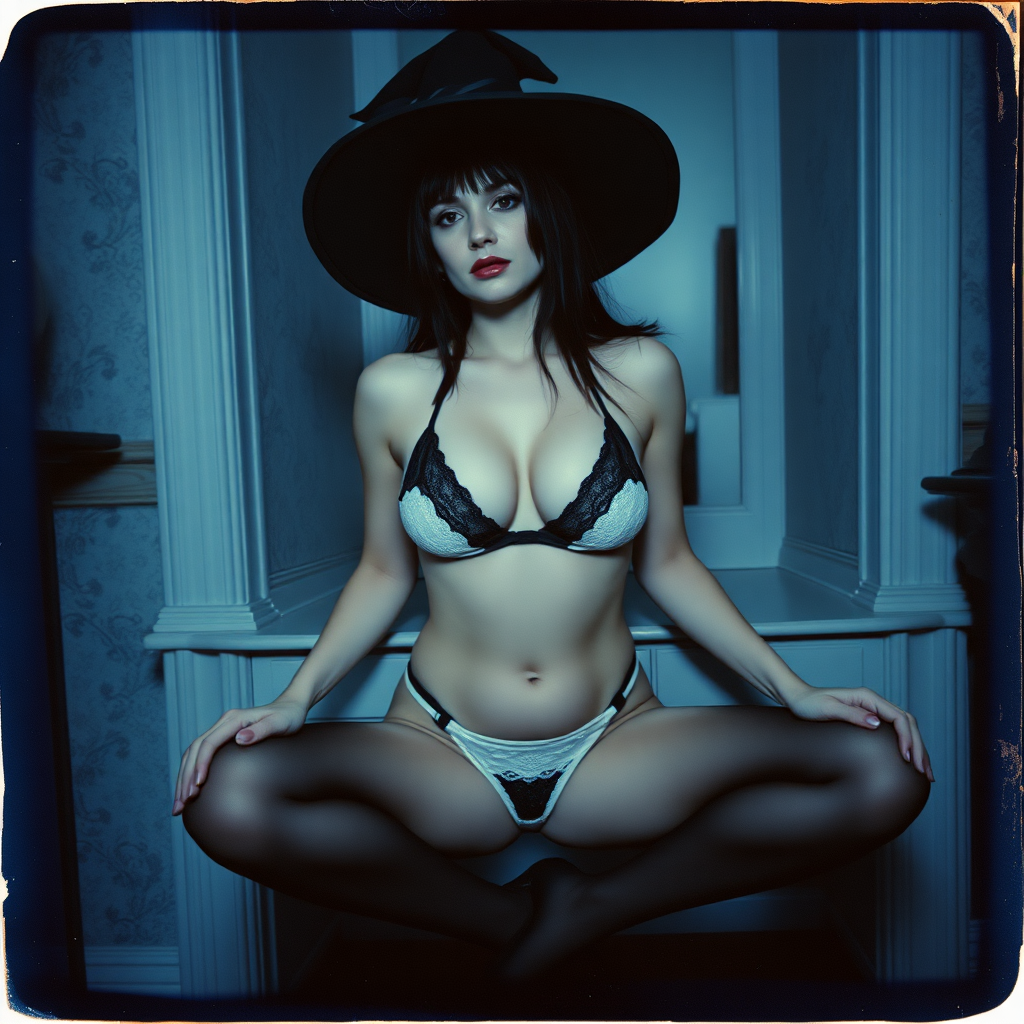 scan of an old polaroid photo with heavy dark vignetting and a blue color tint to the photograph and visible light leaks. The photo depicts a sexy alt goth woman with pale skin and black hair. She has large breasts with ample cleavage and is wearing a tiny revealing bikini bra with triangle shaped cups. She is wearing a witch hat. The image looks hazy and grungy. She is in an old house with wallpaper on the walls. Dark lighting with camera flash used. Candid. She is wearing a tiny revealing lace thong and thigh high stockings. She is sitting on a builtin vanity with a mirror with her knees spread apart. She is wearing black high heels. She has skin texture and visible pores and imperfections.