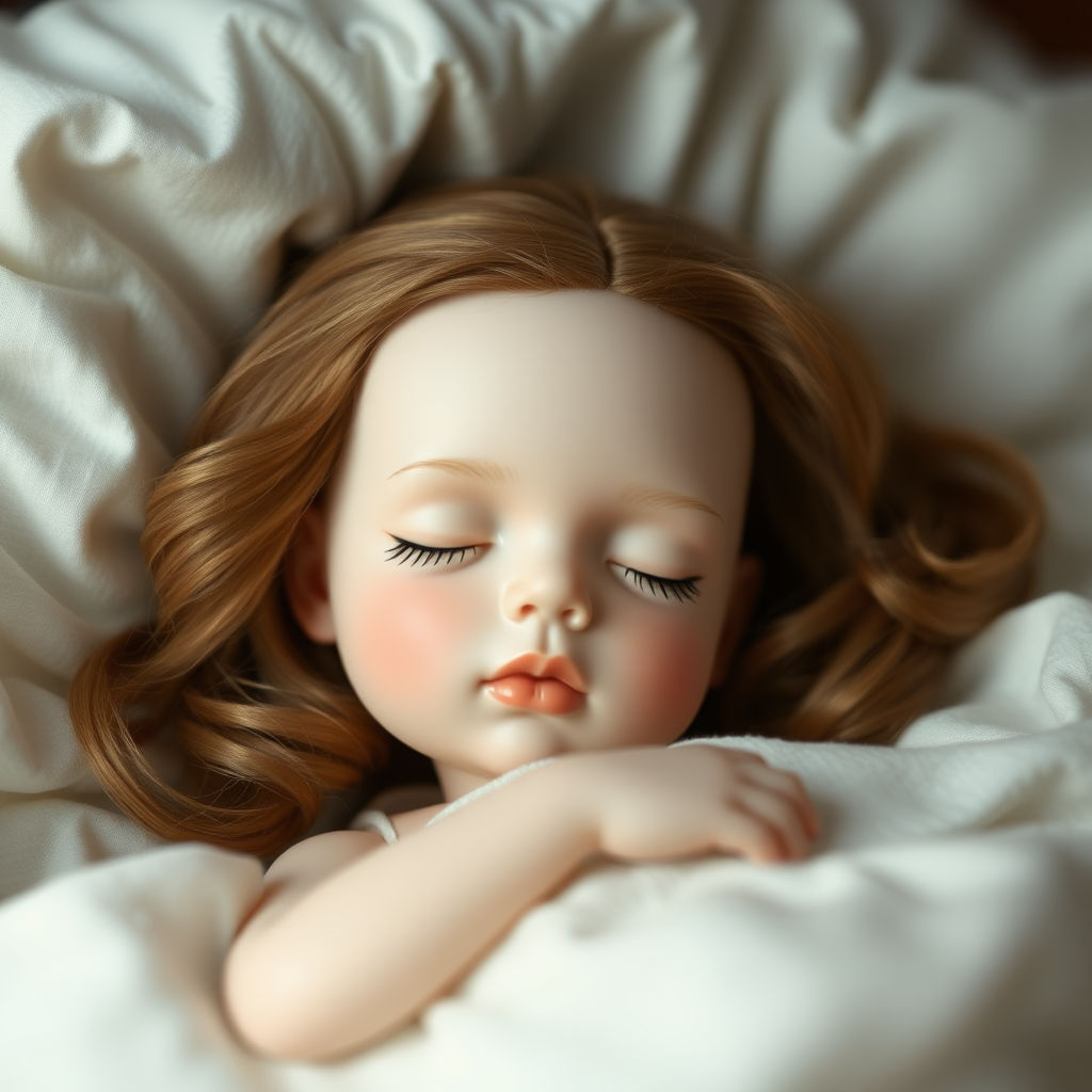 Porcelain doll sleeping in bed, focus stacking, abstract, minimalist art, in focus, preteen girl, artistic photograph, artists doll, realistic doll by Michael Zajkov, life-like art doll