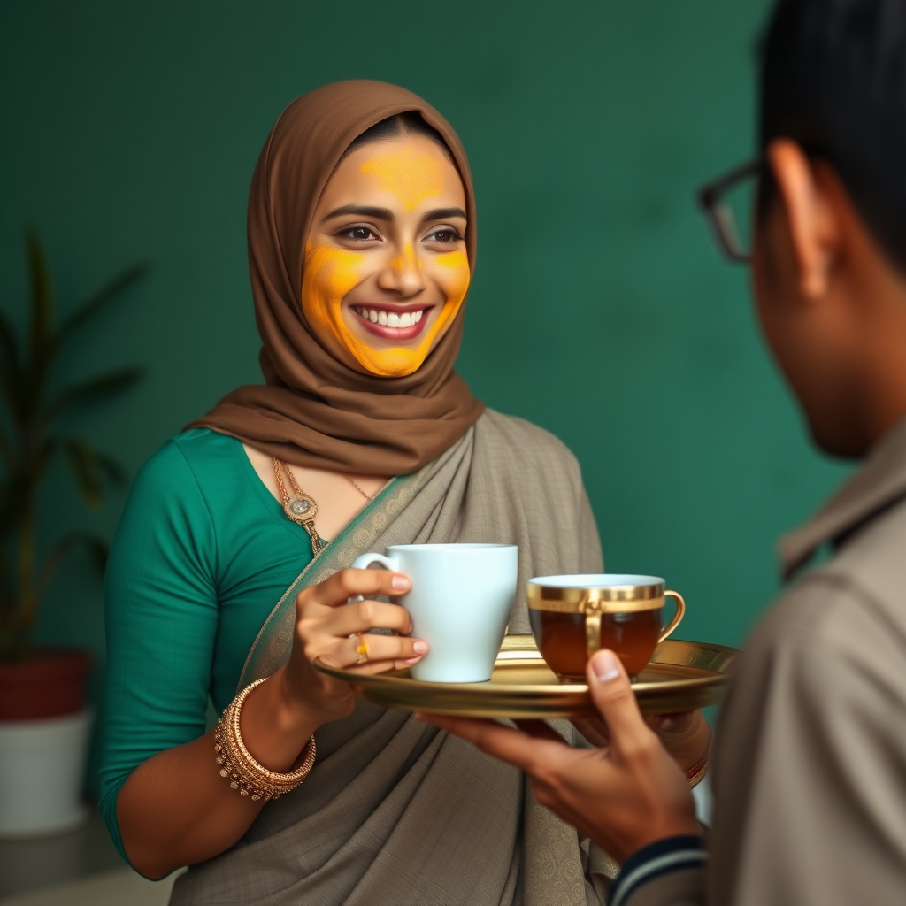 slim, 30 year old, sexy, traditional indian wife, hijab, turmeric face mask. She is smiling and serving coffee on a tray to stranger.