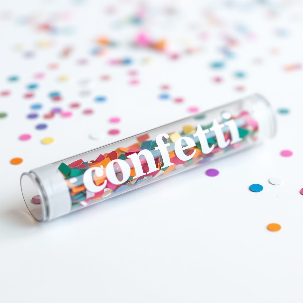 A photo of a transparent confetti popper tube with confetti inside and with text "confetti" on it, lying flat at an angle, with confetti around it, white background, distant confetti blurred, white bold text with black border.