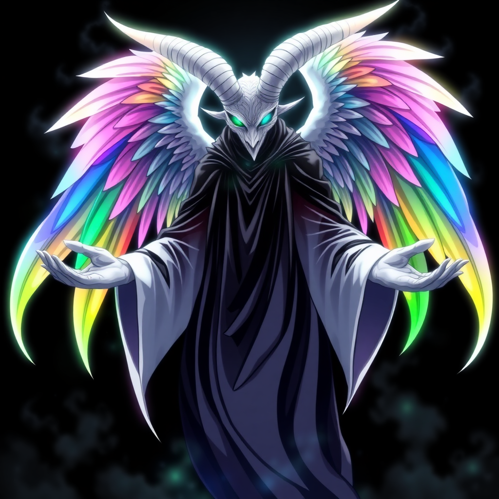 In an anime-styled artwork set against a deep black background, a towering humanoid figure reminiscent of a tall, white eerie-malevolent angelic reptilian goat-owl-bull god commands attention, he is Yaldabaoth the Demiurge. Its striking rainbow-colored eyes shimmer with an ethereal light, framed by two majestic white goat horns that curve elegantly from its head, his face is covered-by a bright white-light. Draped in flowing black and white robes that ripple like smoke, the figure exudes an air of mystique and power. Surrounding its form is a chaotic, radiant aura that shifts through the colors of the rainbow, creating a mesmerizing spectacle.

Three magnificent angelic wings, each a vibrant blend of rainbow hues, unfurl gracefully from its back, their feathers shimmering with an otherworldly glow. With hands outstretched as if inviting connection, the figure floats serenely in the void, its gaze locking onto the viewer with an intense, otherworldly presence that captivates and wrath.