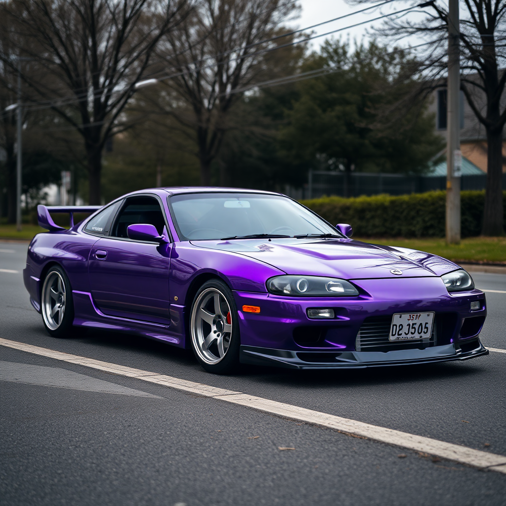 camelonn purple nissan silvia s14 the car is parked on the side of the road, inspired by Taiyō Matsumoto, tumblr, restomod, nd4, c4 cold colors