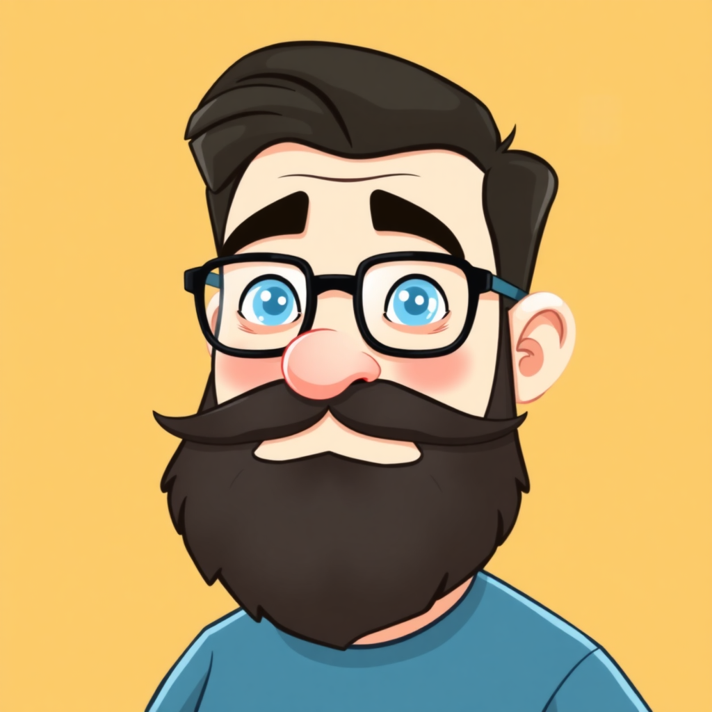 Cartoon 3D Avatar of a guy with spectacles and a long beard but a medium moustache.