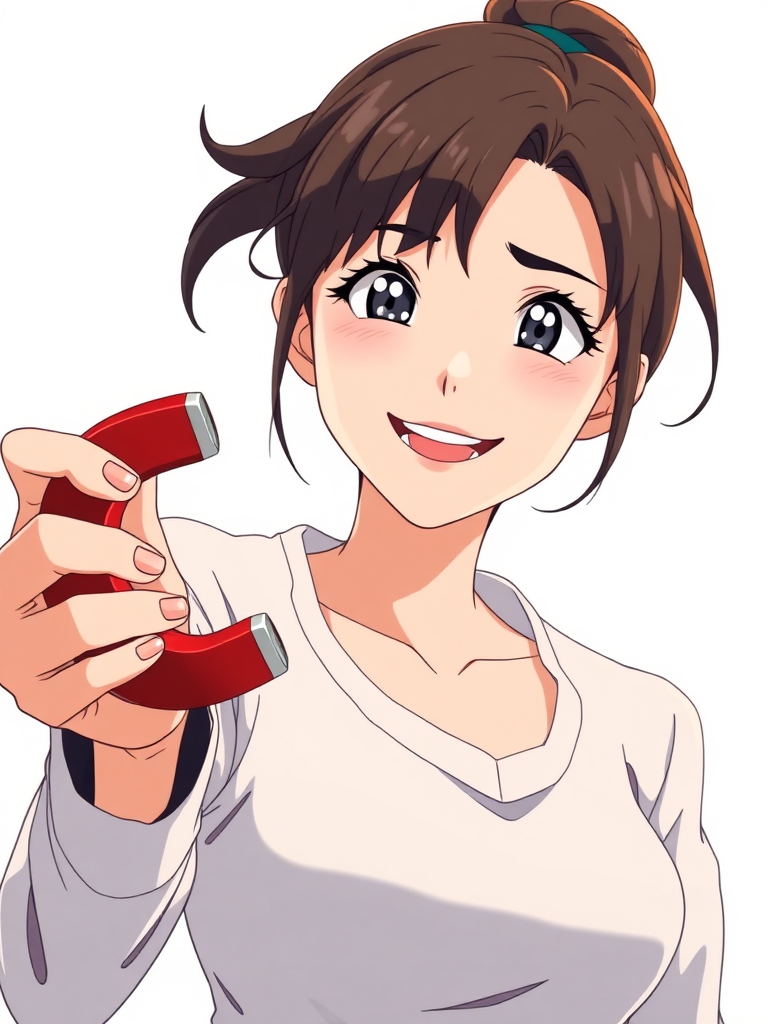 a woman, smiling holding a magnet and attracting something with it, full-shot, anime wallpaper, breathtaking realistic, inspired by John Henry Kingsley, miyazaki's animated film, john stephens, centered, white background.