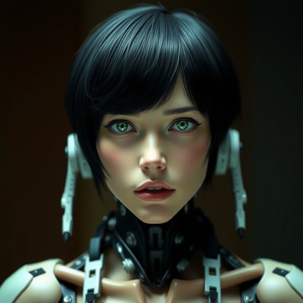 A photograph of a female cyborg with short black hair and green eyes. She has bare feet.