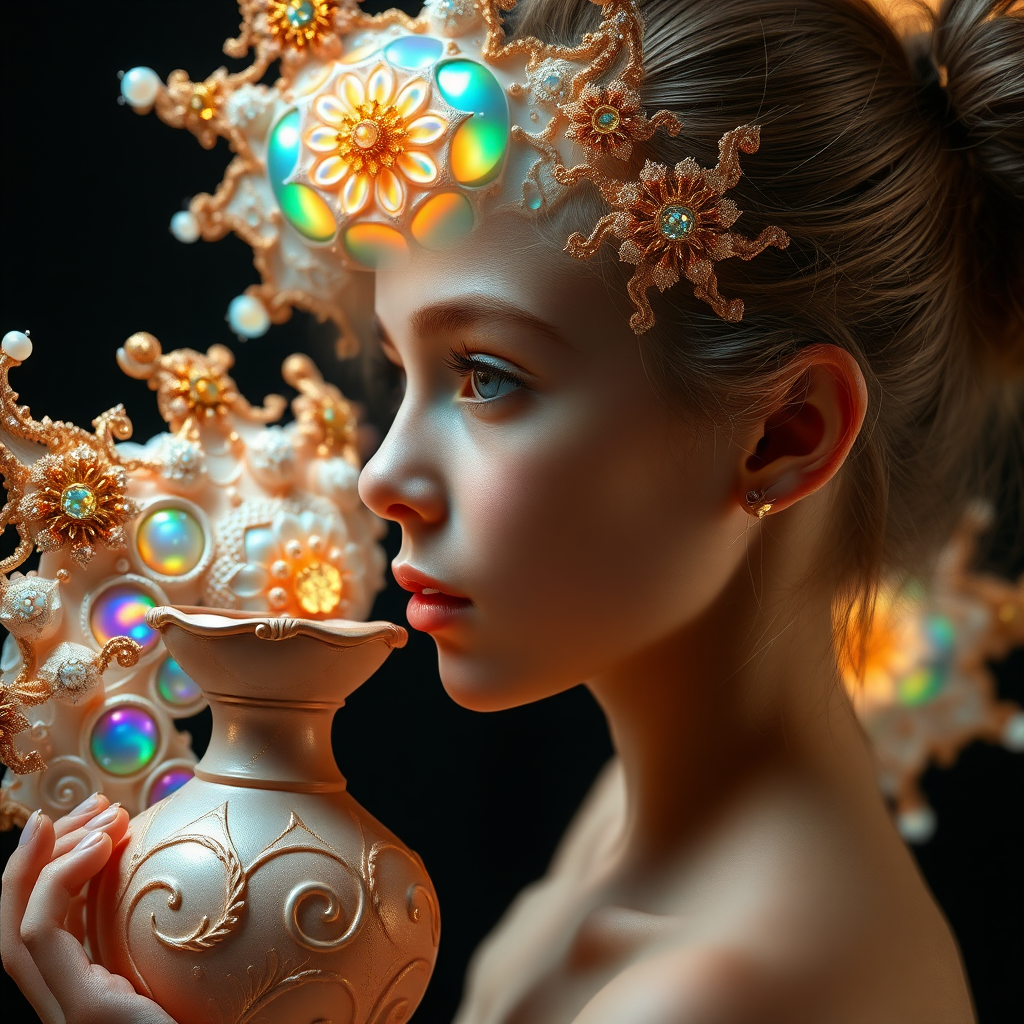 preteen girl in profile, abstract pottery, mandelbulb fractal, sacred geometry, ultra-detailed, dynamic composition, artistic photograph, fractal, brilliant colors, glittering, illumination, transparency, translucent, opal, gold, romanticism, sharp focus, floral, mother of pearl, iridescent, jewelry