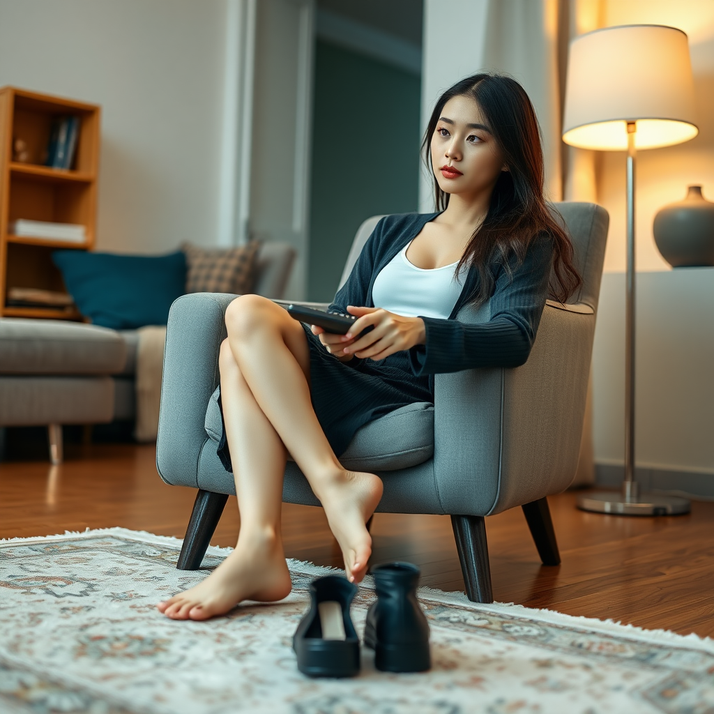 photo low angle full body shot beautiful xiaomeimei looking ahead. She is sitting on a chair in a living room. she looks tired. she holds a remote control. there rug on the floor in front of the chair. she is barefoot. her shoes lie on the rug