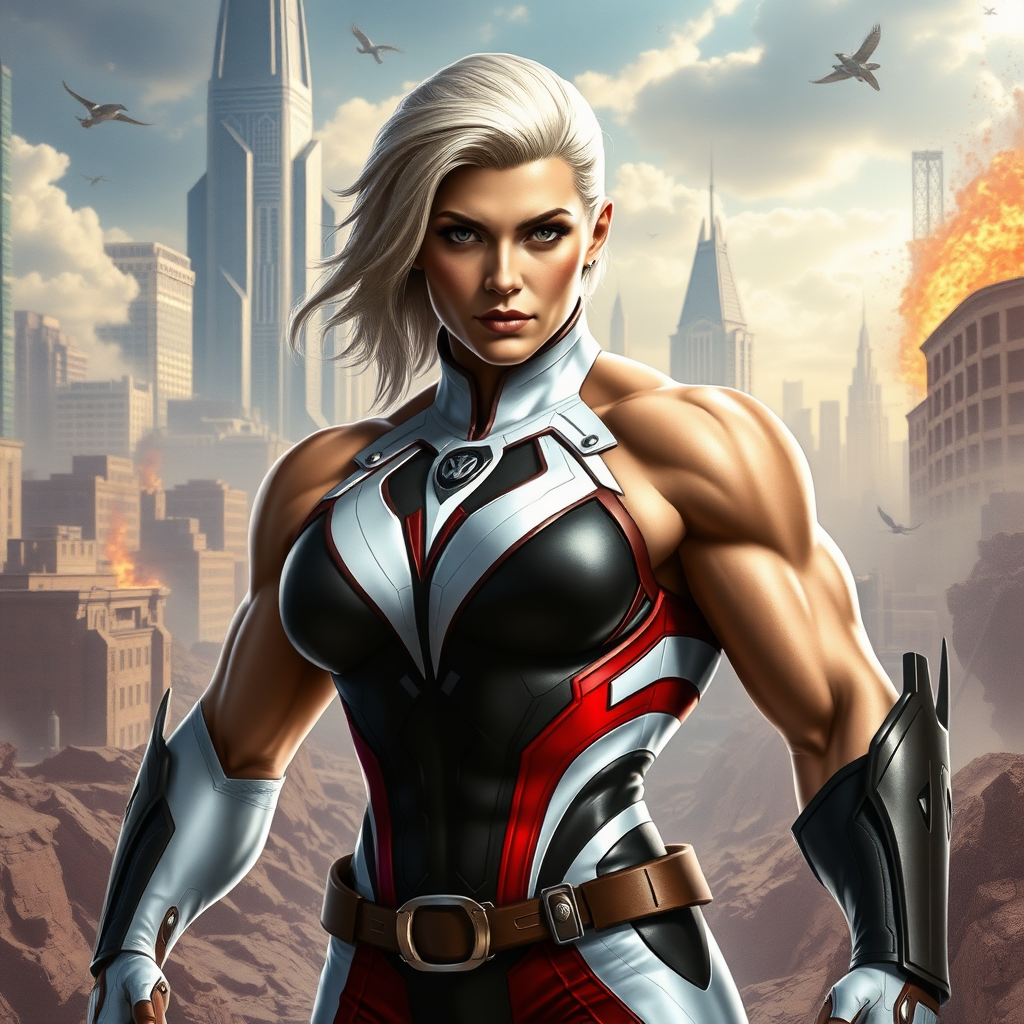 Create a full-length photorealistic image of a mashup character combining Emma Frost's head, hairstyle, and facial features with the muscular male physique of Marcus Fenix. Retain Emma's iconic costume but alter it to fit the new body. Design a dynamic background that blends elements from both characters' universes, incorporating futuristic cityscapes and gritty battle terrain, showcasing the contrast between Emma’s elegance and Marcus’s ruggedness. Focus on vibrant colors and realistic details to bring the character to life, highlighting both personalities in this unique fusion.