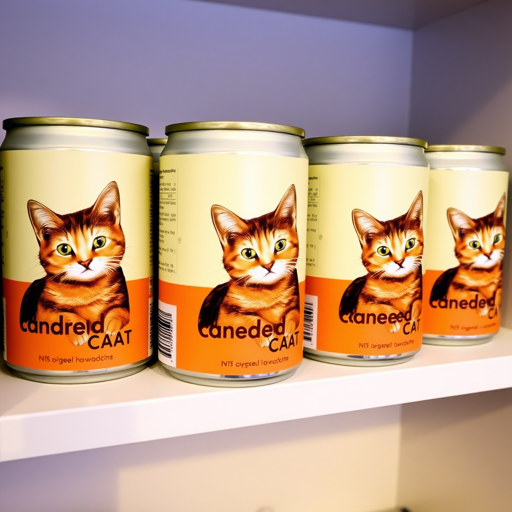 a small shelf with cans that have an image of a cat on the label and text saying "canned cat"