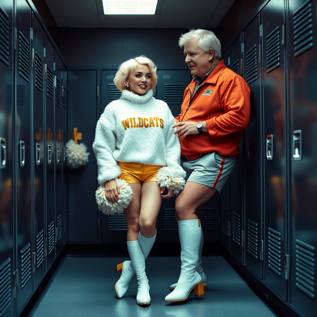 College football stadium, deserted cheerleaders squat locker room: Ana, European 17 years old very convincing femboy “QB’s trophy-bimbo”, tamed servile docile, very beautiful feminine flawless face, rather short boyish figure, platinum blond short tight curls, bold red lips, heavily made-up face, fluffy very fuzzy bright white plushy hazy thick angora turtleneck-sweater with “gold “WILDCATS” letters, vinyl gold short shorts, mesh pantyhose, white vinyl thigh-high boots with golden heels, large gold-white pompoms, pearl earrings, lovesick aroused, standing leaning against locker, shoulders slightly arched back to present her assets, talking with Hank: older tall overweight male football coach, wearing college football coach outfit, triumphant smile, nimbly patting Ana.