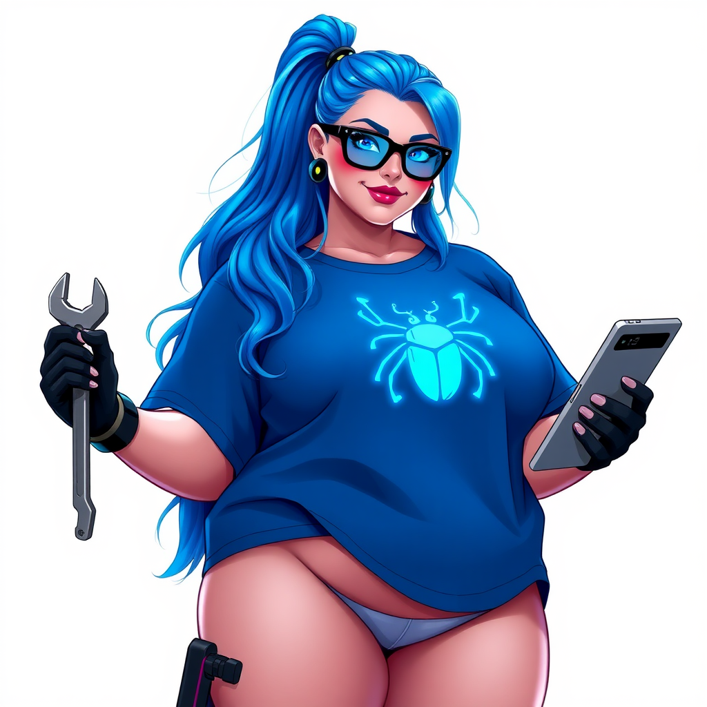 A 28-year-old, full-figured tech genius, she is the devoted girlfriend and sidekick of a cyberpunk vigilante. Her long, maximum blue ponytail and glowing sapphire eyes are striking features. Her prominent, round midsection, gigantic limbs, and broad shoulders define her full figure. As the loyal and supportive sidekick, she plays a crucial role in their missions, using her digital and technological prowess to assist and protect.

She wears an oversized maximum blue t-shirt with a glowing neon blue beetle chest icon, maximum blue lipstick, and black high-tech gloves. Her neon red blush and lovestruck smile are ever-present as she holds a futuristic wrench and a digital holographic tablet. Her full figure (especially her round midsection) shows how pampered she is by her doting boyfriend. She dutifully works in his hideout workshop and supercomputer. Her nerdiness is unmistakable, accentuated by her black oversized eyeglasses. She is on a solid white background. She serves as her boyfriend’s indispensable tech expert. She is drawn as if she was in a retro 2D cyberpunk fighting game. Make sure her oversized t-shirt covers her midsection.